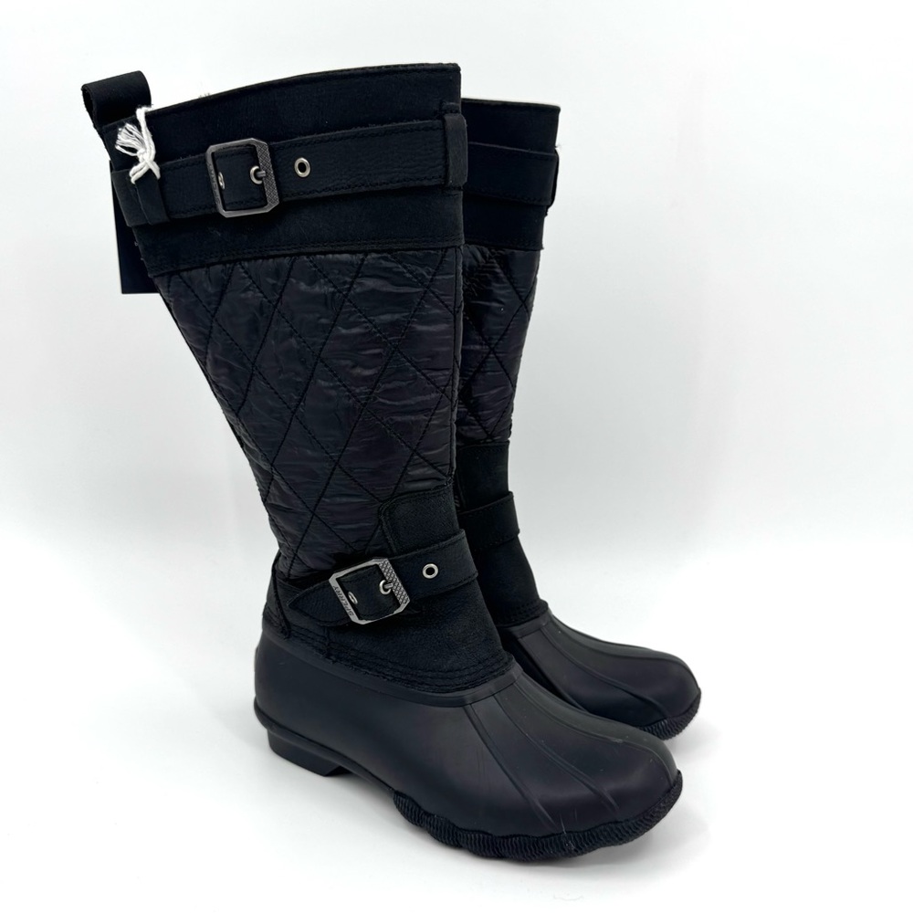NEW Sperry Black Quilted Saltwater Tall Buckle Nylon Women's Rain Boots Size 5